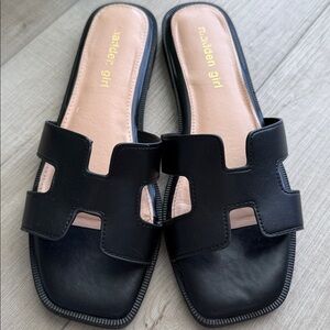 Black Leather Slide Sandals with Cutout Design
